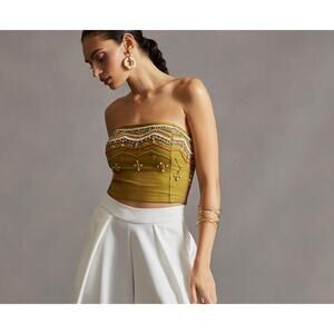 Anthropologie Embroidered Bead Embellished Tube Top Smocked NWT